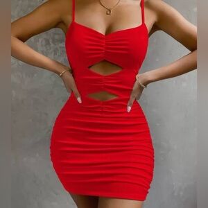 SHEIN Red Ruched Cutout Mini Dress